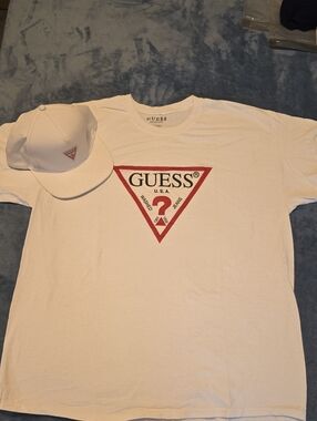 Gently Used GUESS White Tee and Cap with Red Triangle Logo